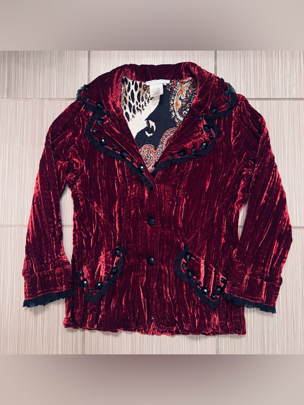 Y2K Alberto Malaki Burgundy Red Crushed Velvet Embellished Blazer boho XS - Picture 2 of 8